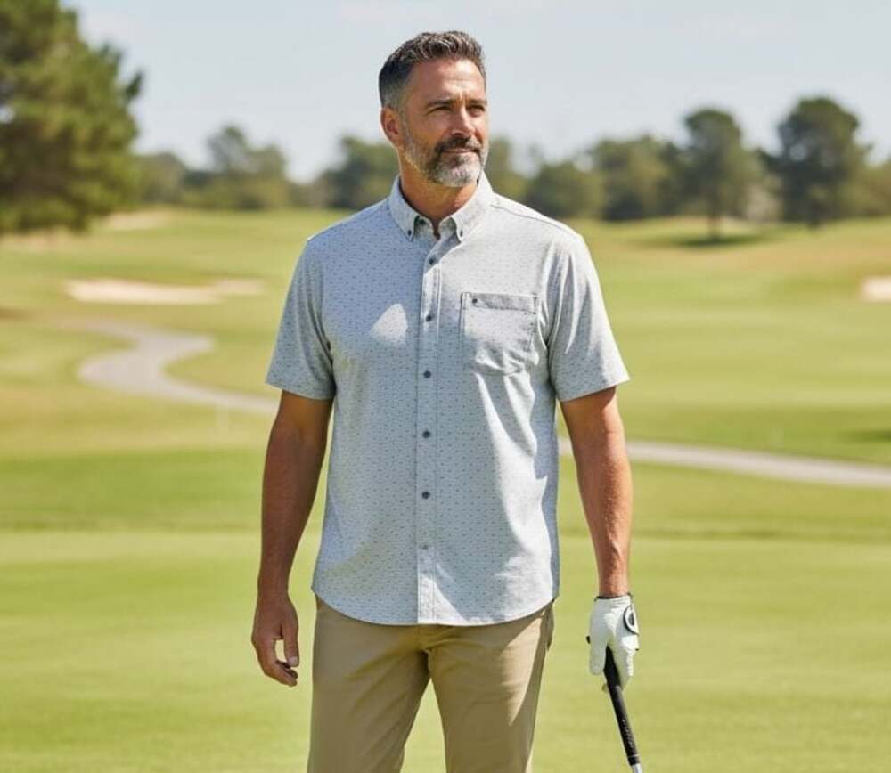 TravisMathew Cedar Rapids Short Sleeve Button Down Shirt XL Heather Alloy